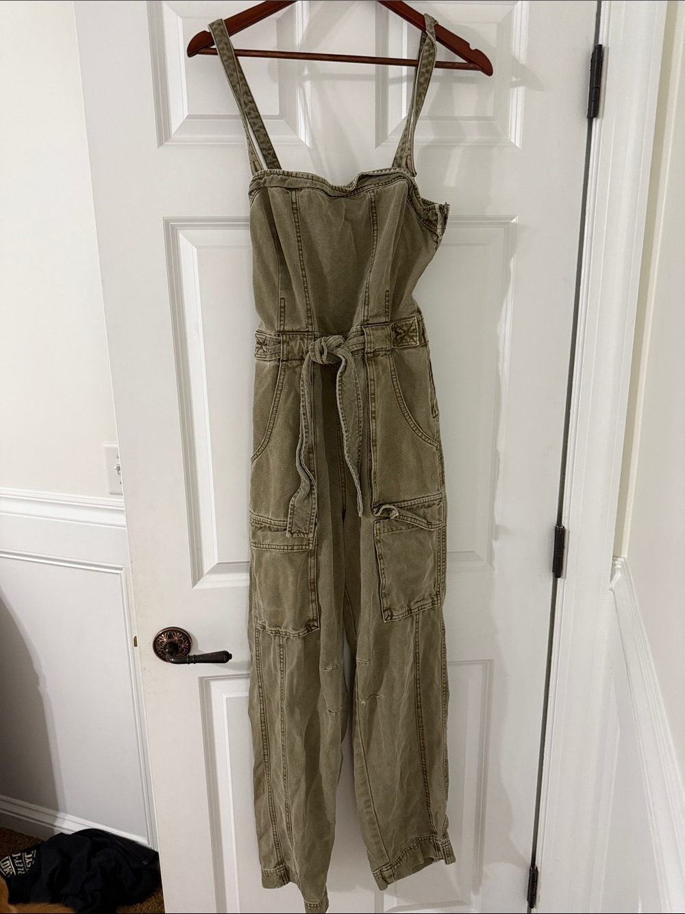 Free People Women’s Olive Utility Jumpsuit Jeans with Tie Waist
